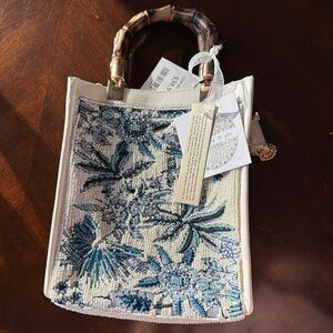 Viral Made in India Embroidered & Beaded White Blue Handbag with Bamboo Handles